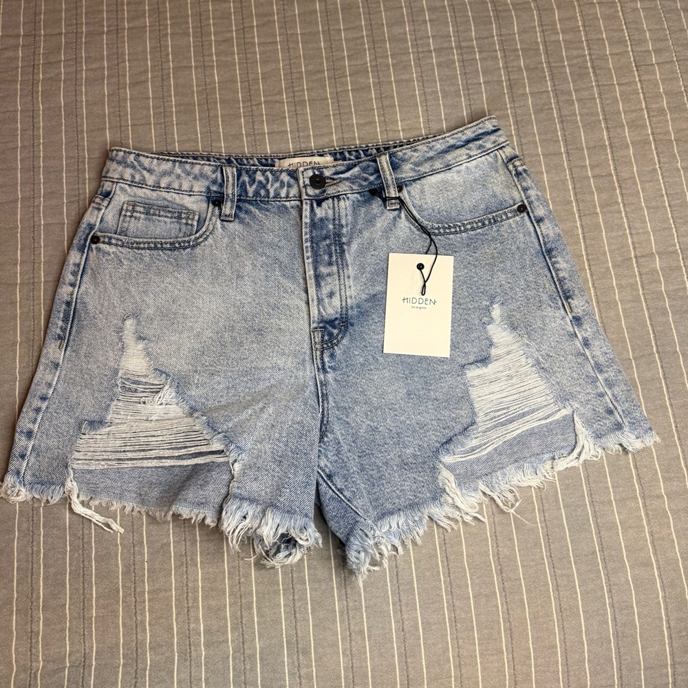 Hidden Light Wash Distressed Denim Jean Shorts - Light Blue